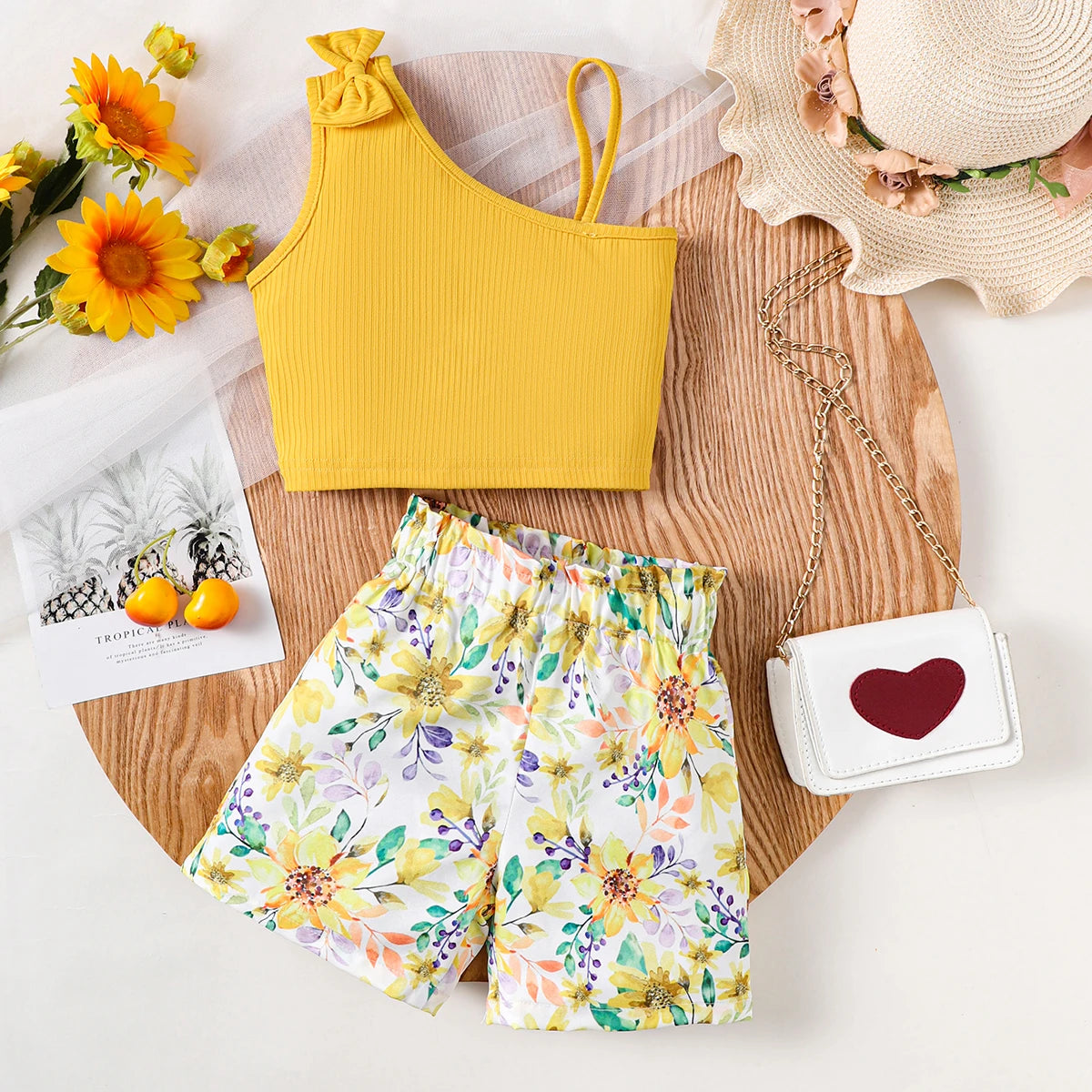 Summer Kids Girl Clothes Set Suspenders Bow Top+Flower Shorts Fashion Sense Design Party Costume For Child Girls 1-8 Years