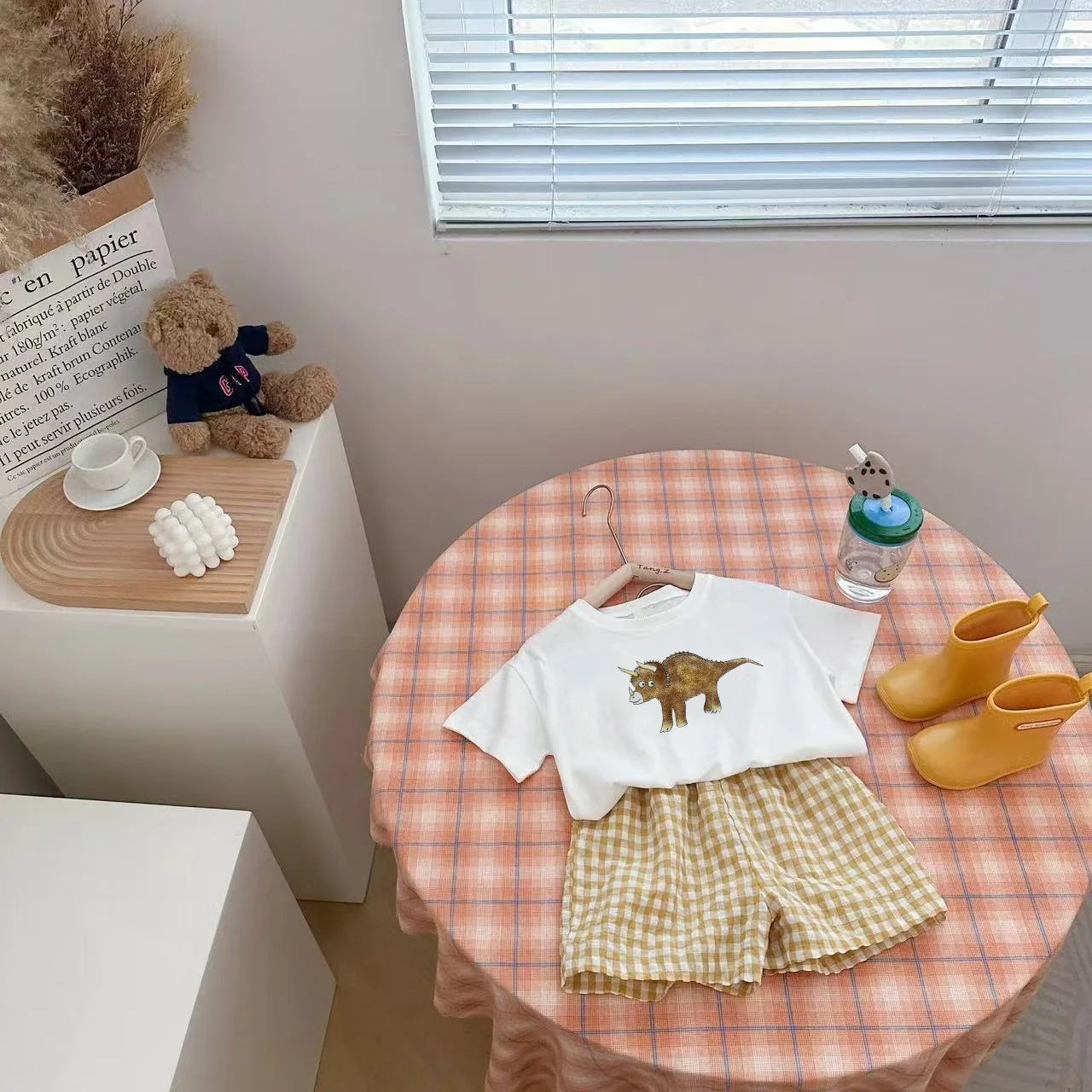 Baby Clothes Set Newborn Boys Casual Dinosaur Print Short Sleeved T-shirt+plaid Shorts Toddler Girl Summer Kids Outfit Set