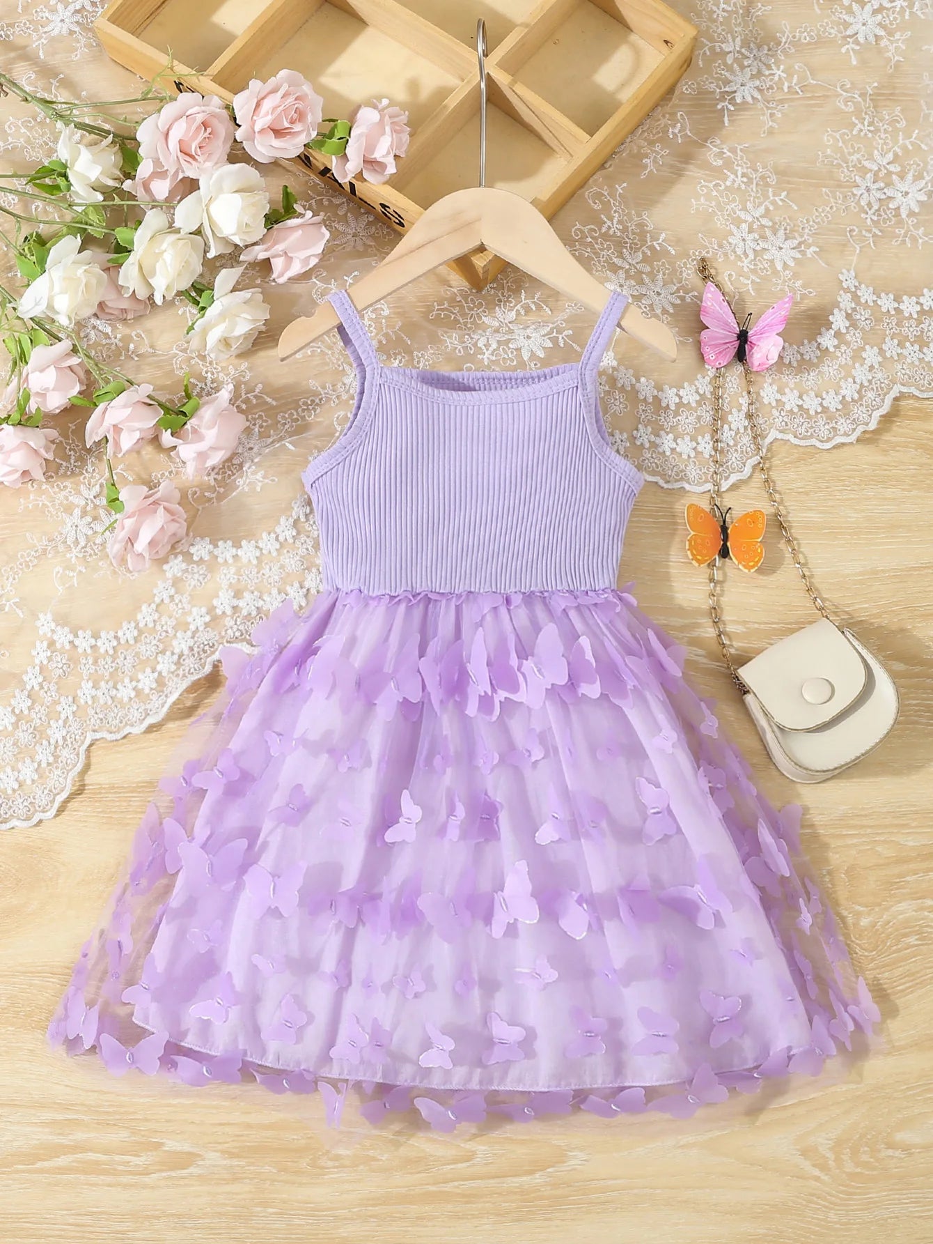 Summer Toddler Kids Girl's Clothes Baby's Butterfly Decor Mesh Splicing Cami Dress Elegant Sleeveless Princess Dress