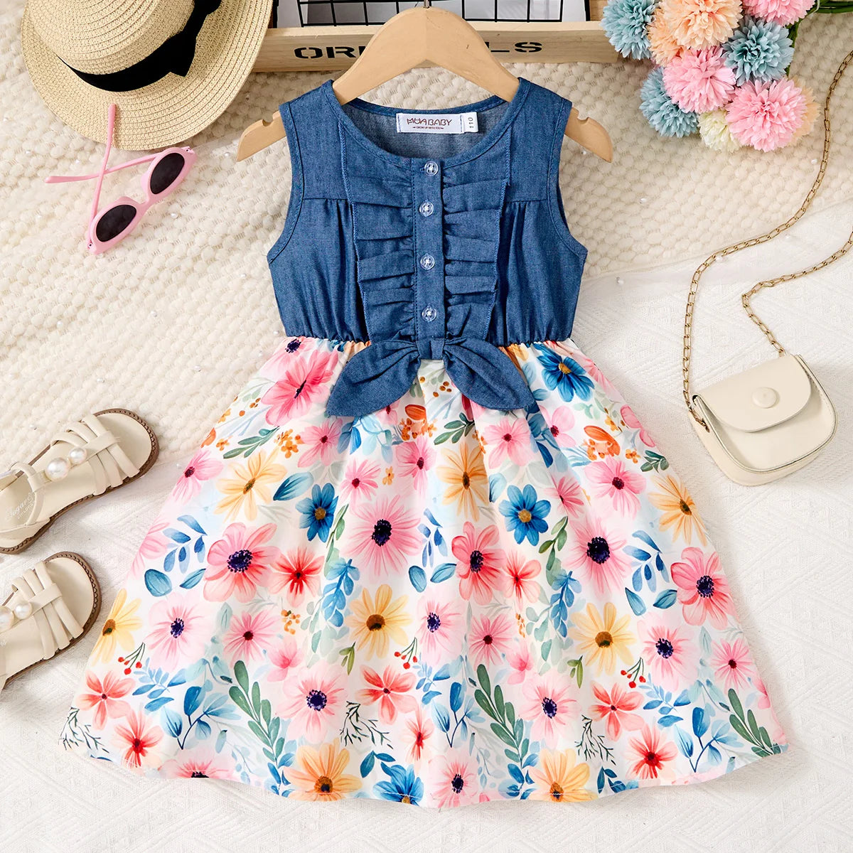 Girls Summer Dresses Sleeveless Butterfly Flower Print Dress for Girls Casual Denim Splicing Skirt Children Clothes