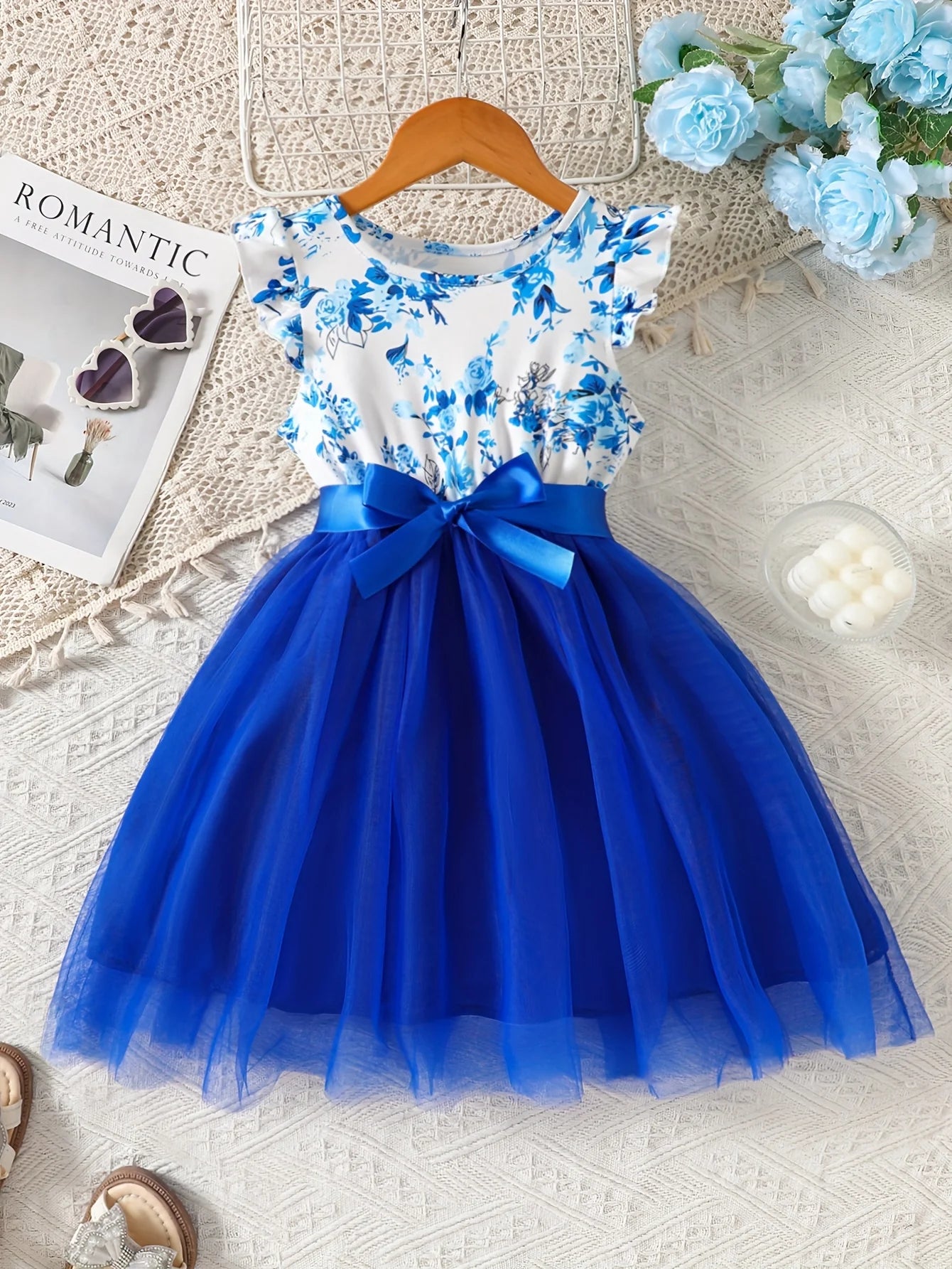 Girls' Knitted Round Neck Sleeveless Ruffled Floral Mesh Dress Dress