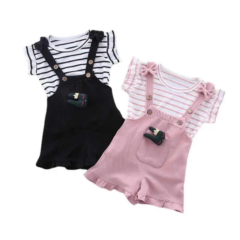 Cute Toddler Baby Girl T-shirt+Suspender Shorts Outing Clothes New Fashion Bay Sets Suits (No Shoes No Bag)