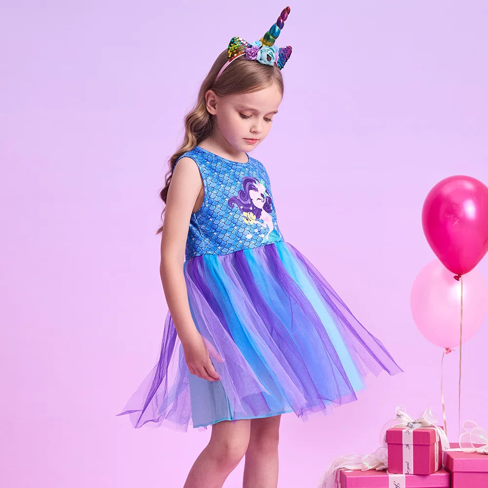 VIKITA Girls Mermaid Scale Print Dress Kids Sleeveless Summer Cartoon Blue Purple Ombre Tulle Princess Party Beach Casual Frocks