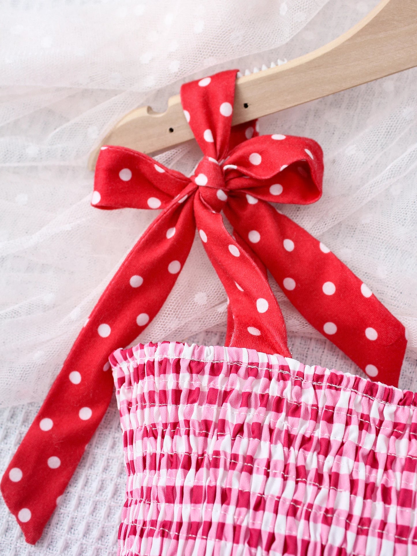 Summer Girl Sling jumpsuit Fashion plaid red embroidered strawberry pattern cute and playful girl baby