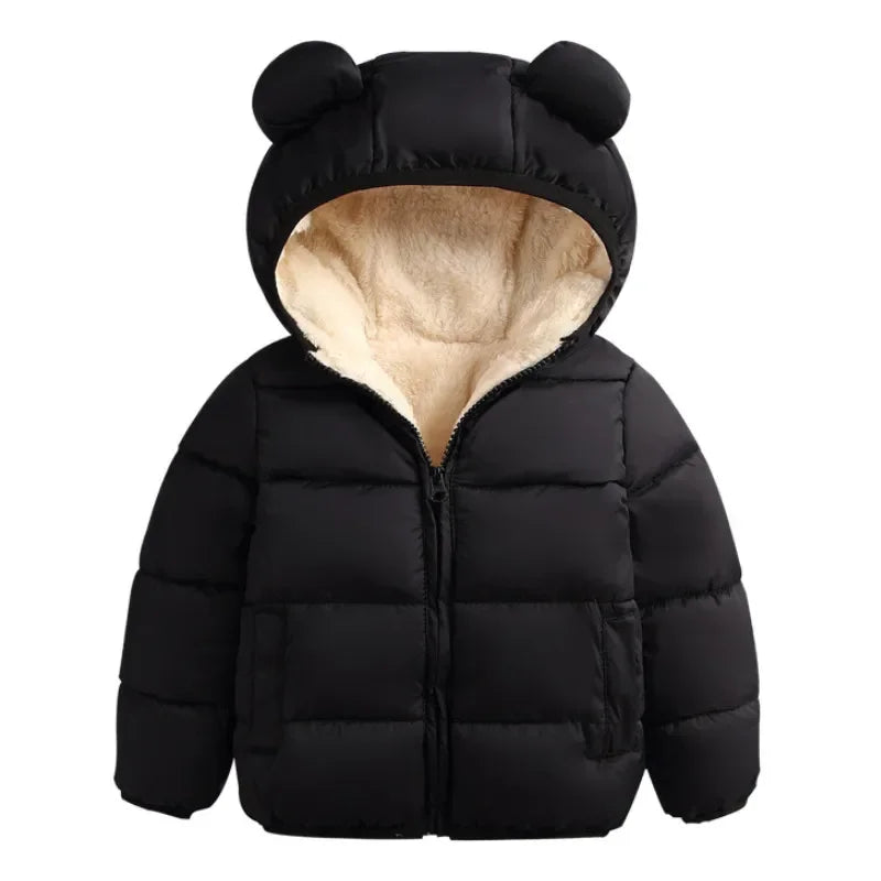 Kids Solid Color Coat, Zipper Open Front Hooded Cotton-padded Jacket for Boys and Girls, Black/ Dark Blue/ Royal Blue/ Red