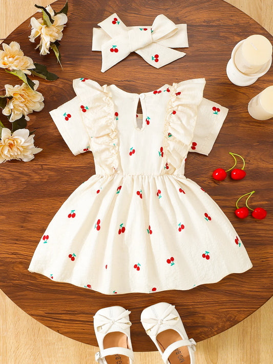2pc Dress Set: Summer Cherry Print, Ideal for Daily Wear, Birthday Party & Summer Photoshoot, for Baby Girl (0-4Y), Toddler Girl