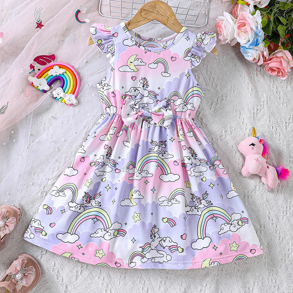 Girls' Summer Cartoon Unicorn Rainbow Printed Dress