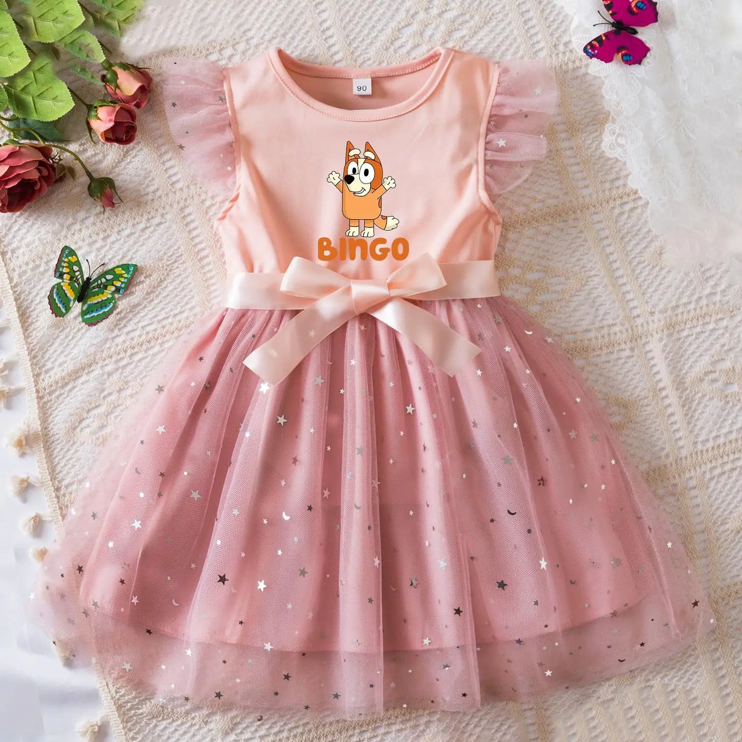 Bluey Girls Sequin Tutu Dress with Bow Flutter Sleeves Summer Princess Party Outfit for Toddler Kids 2-6 Years