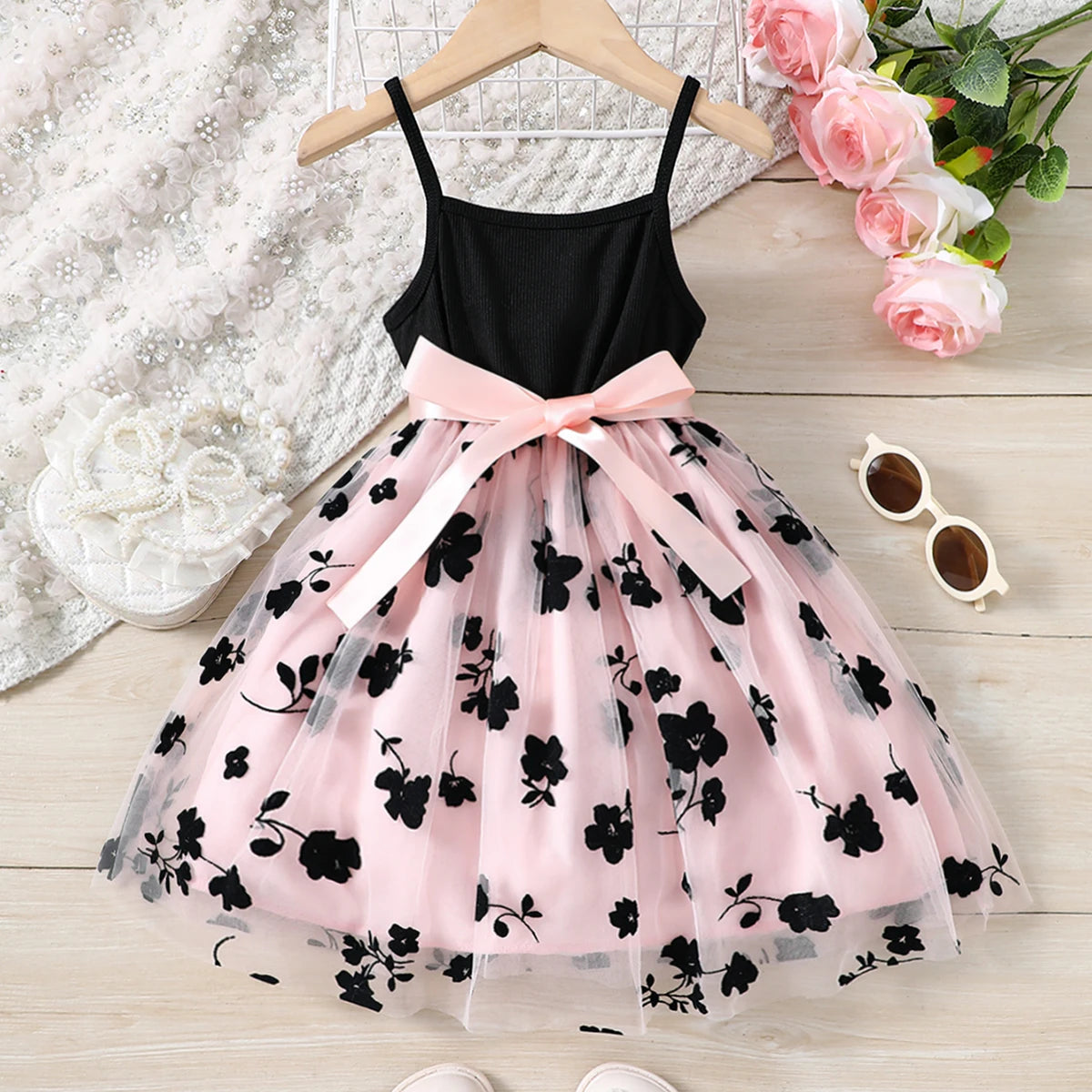 Girls Spring Summer Fashion Knitted Sling Flower Flocking Mesh Casual Dress Princess Dress Party Holiday Casual Vacation Gift