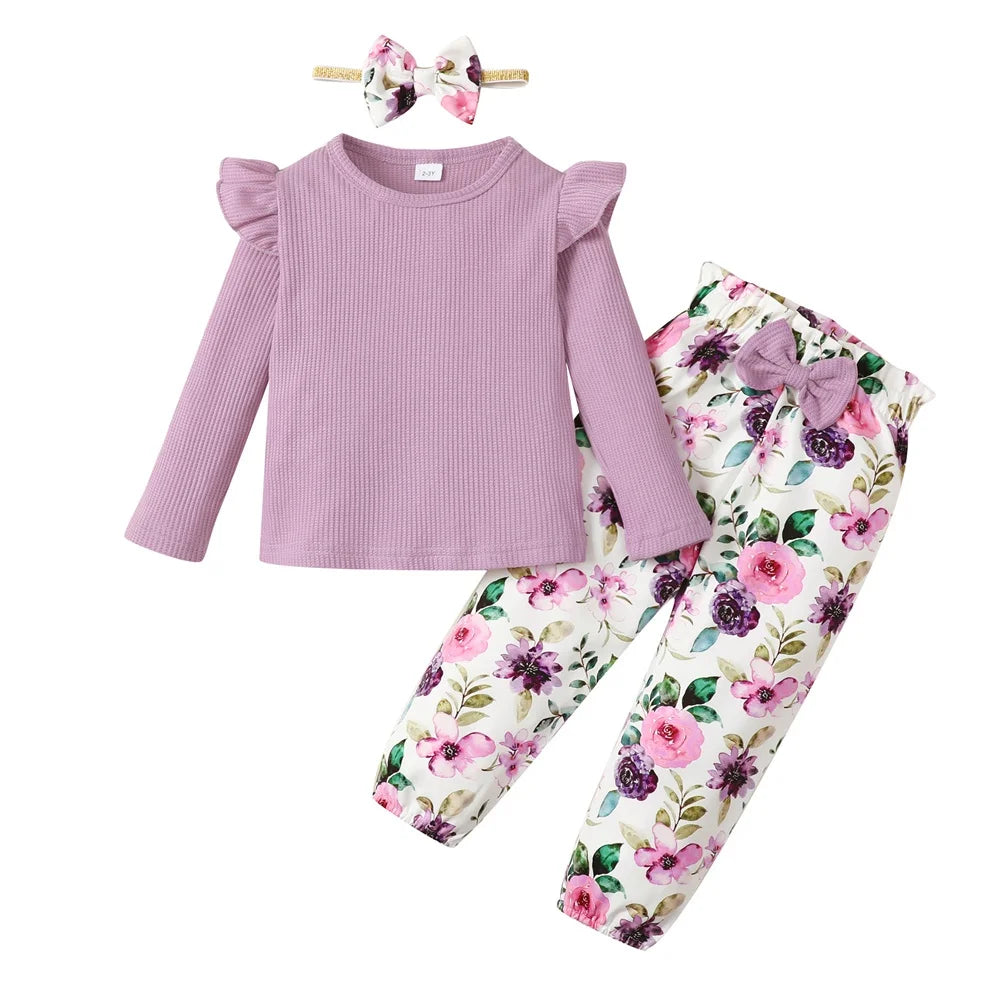 Toddler Girl Clothes Set Long Sleeve Solid Color Top+Floral Pants Fashion Spring & Autumn Little Girl Clothing Outfit