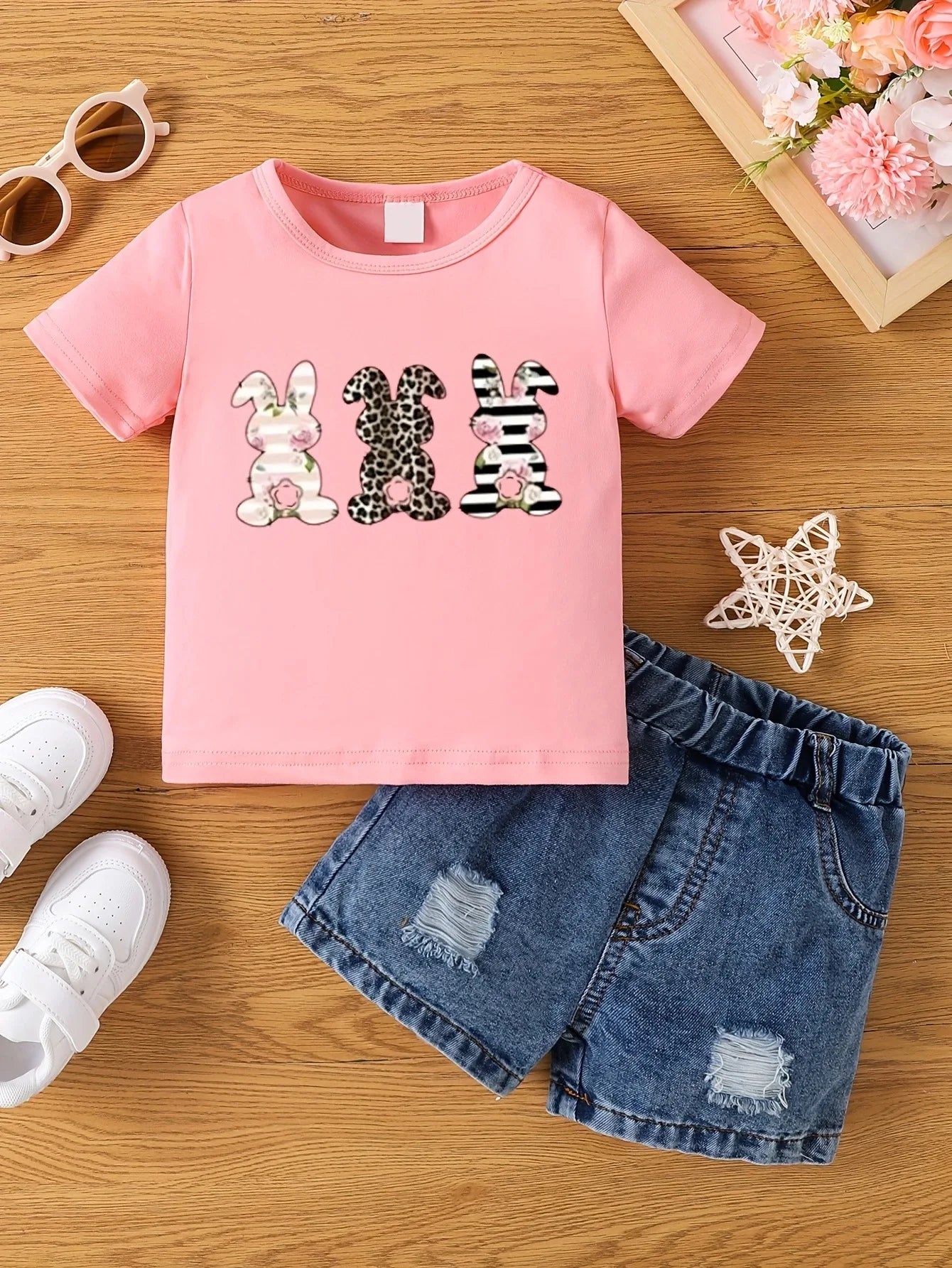 Aby Boys and Girls Summer Hot Painted Round Neck Short-sleeved Top Girls Just T-shirts. Shorts not included