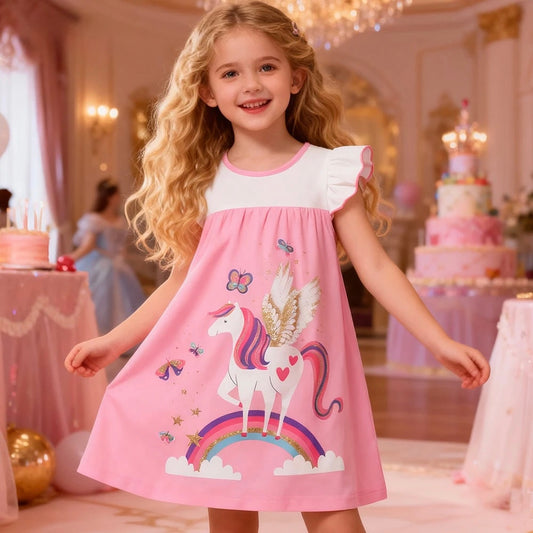VIKITA Girls Unicorn Rainbow Butterfly Print Flare Sleeve Dress Kids Pink Cotton Casual Daily School Princess Straight Vestidos