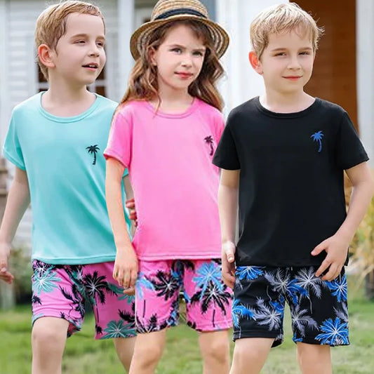 Children's summer leisure sports printed short sleeved shorts set, boys and girls vacation style fashionable T-shirt pants