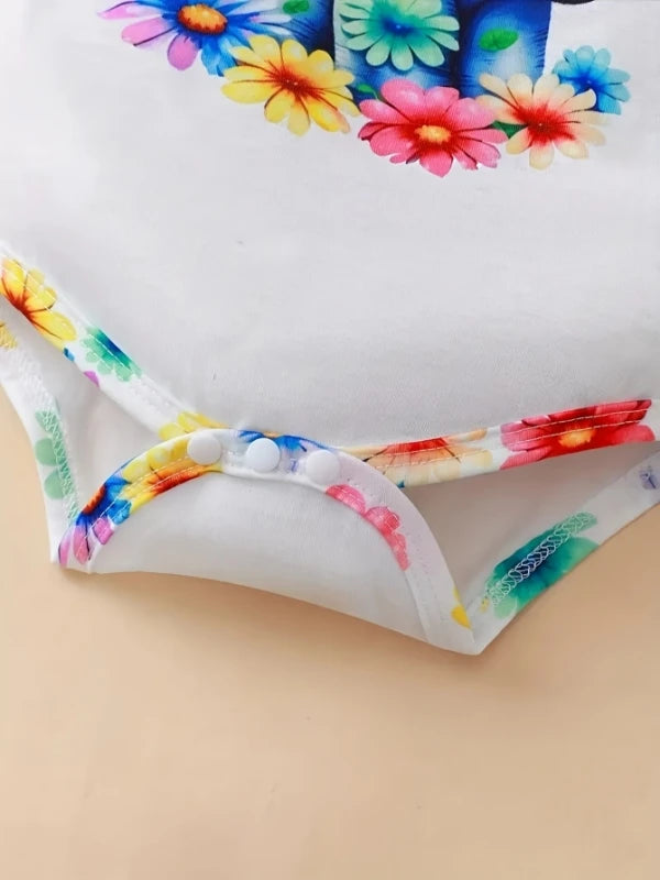 Newborn Baby 3-Piece Outfit Set: Watercolor Elephant Bodysuit + Floral Shorts + Bow Headband  - Cute Spring/Summer Clothes