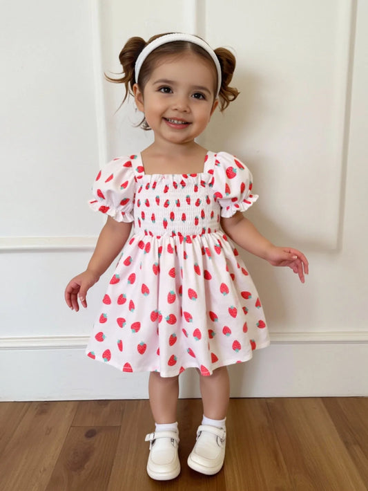 Single piece baby girl baby fashionable, sweet and cute short sleeved bubble sleeve strawberry print dress for summer
