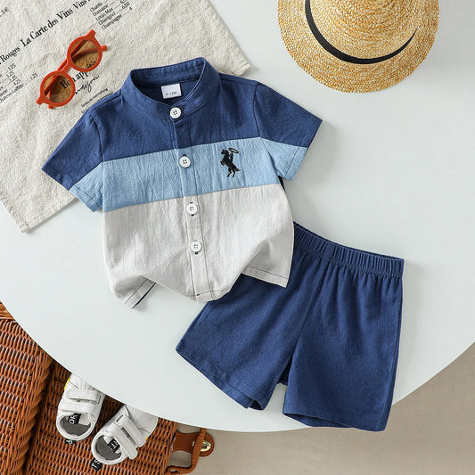 2-Piece Baby Boy Summer Leisure Outdoor Cotton  Breathable Comfort Color Patchwork Short Sleeve Shorts Set Pattern 1-3Y
