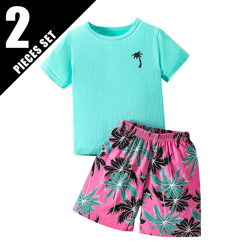 Children's summer leisure sports printed short sleeved shorts set, boys and girls vacation style fashionable T-shirt pants