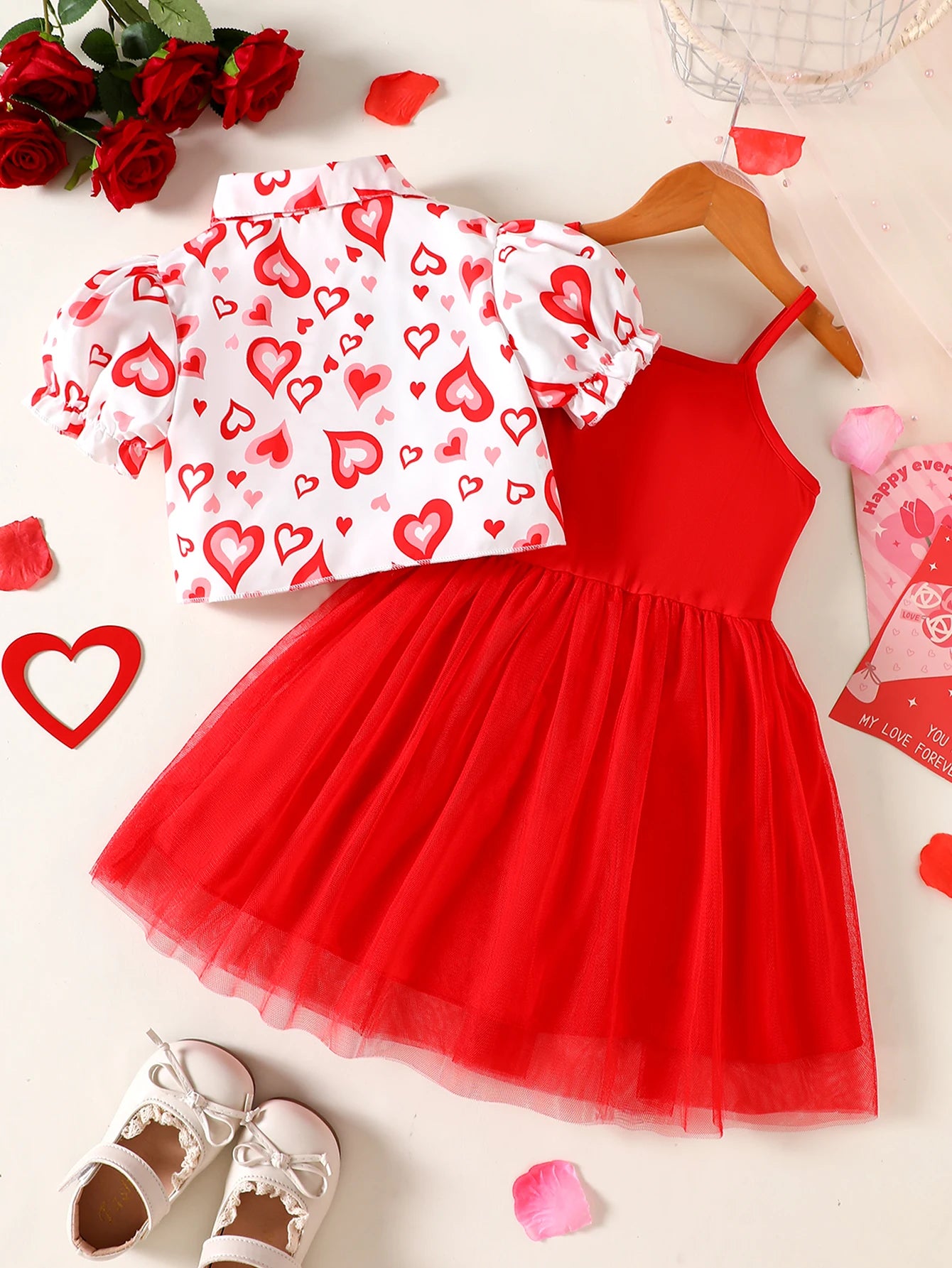 Summer Girls Clothing Set Heart-Printed Shirt Tops And Vest Dress 2-Piece Sets For Kids Girl 3-8 Y Valentine's Day Gift