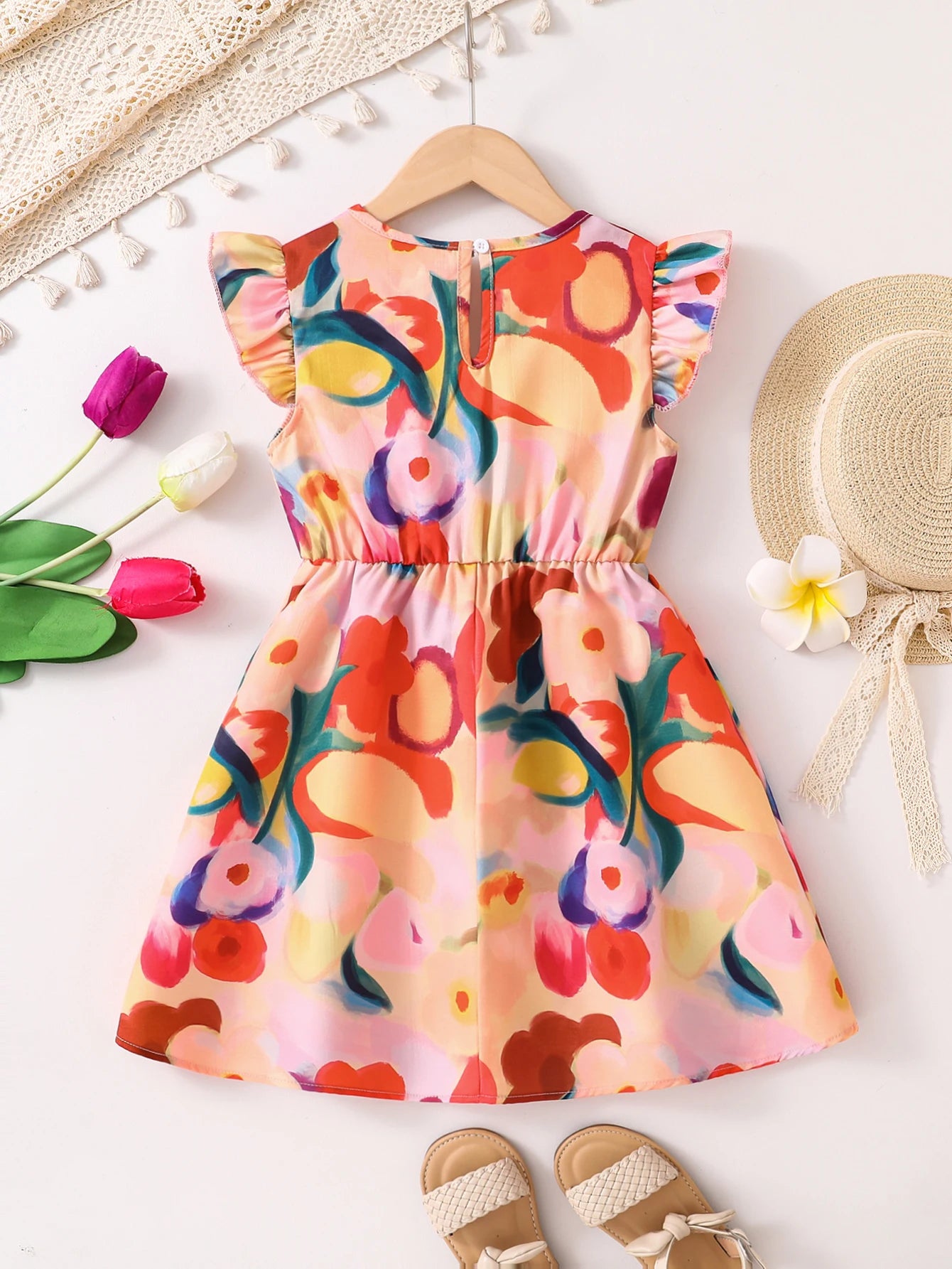 Girls' Fashionable and Simple Summer Dress, Toddler Girl's Floral and Leaf Pattern Back Zipper Fly-Sleeve Cinched Waist Mid-Length Dress, Girls' Everyday Comfortable Soft Versatile Youthful and Energetic Children's Clothing,