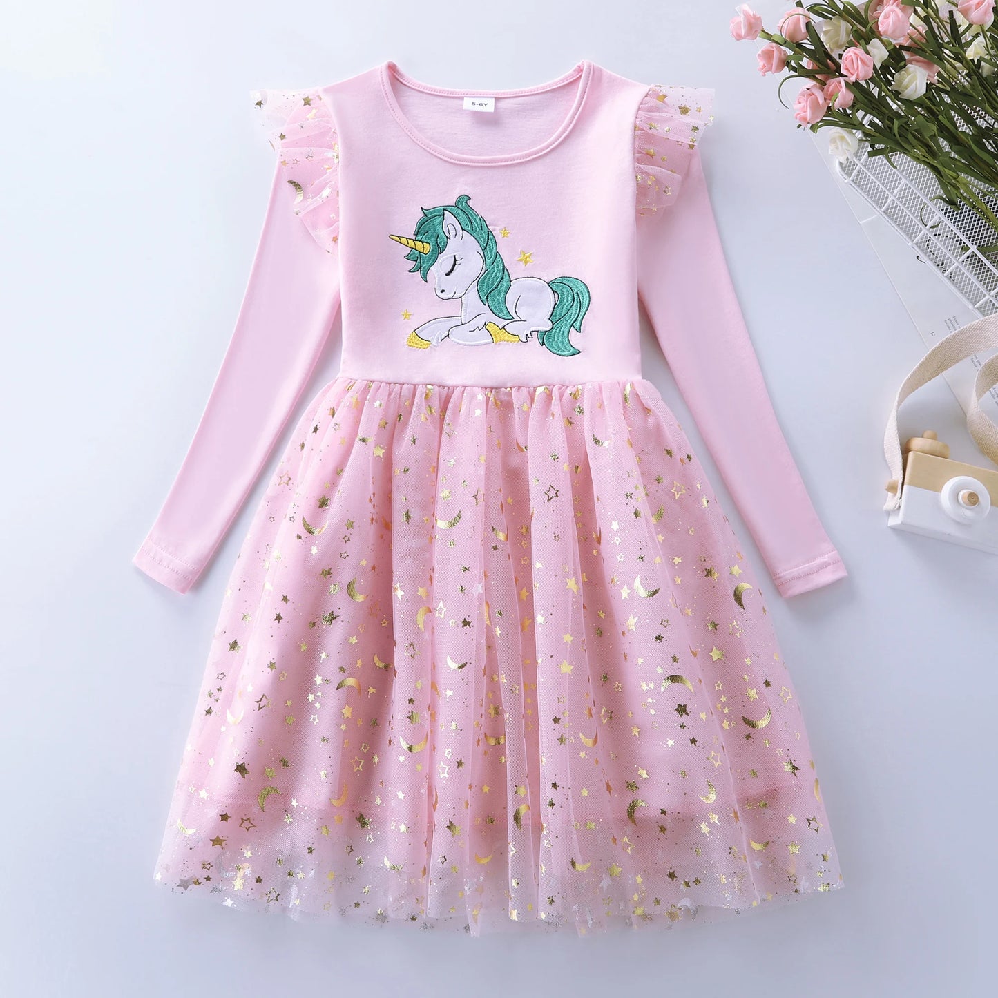 Girls' Autumn New Cotton Embroidered Cartoon Unicorn Mesh Dress