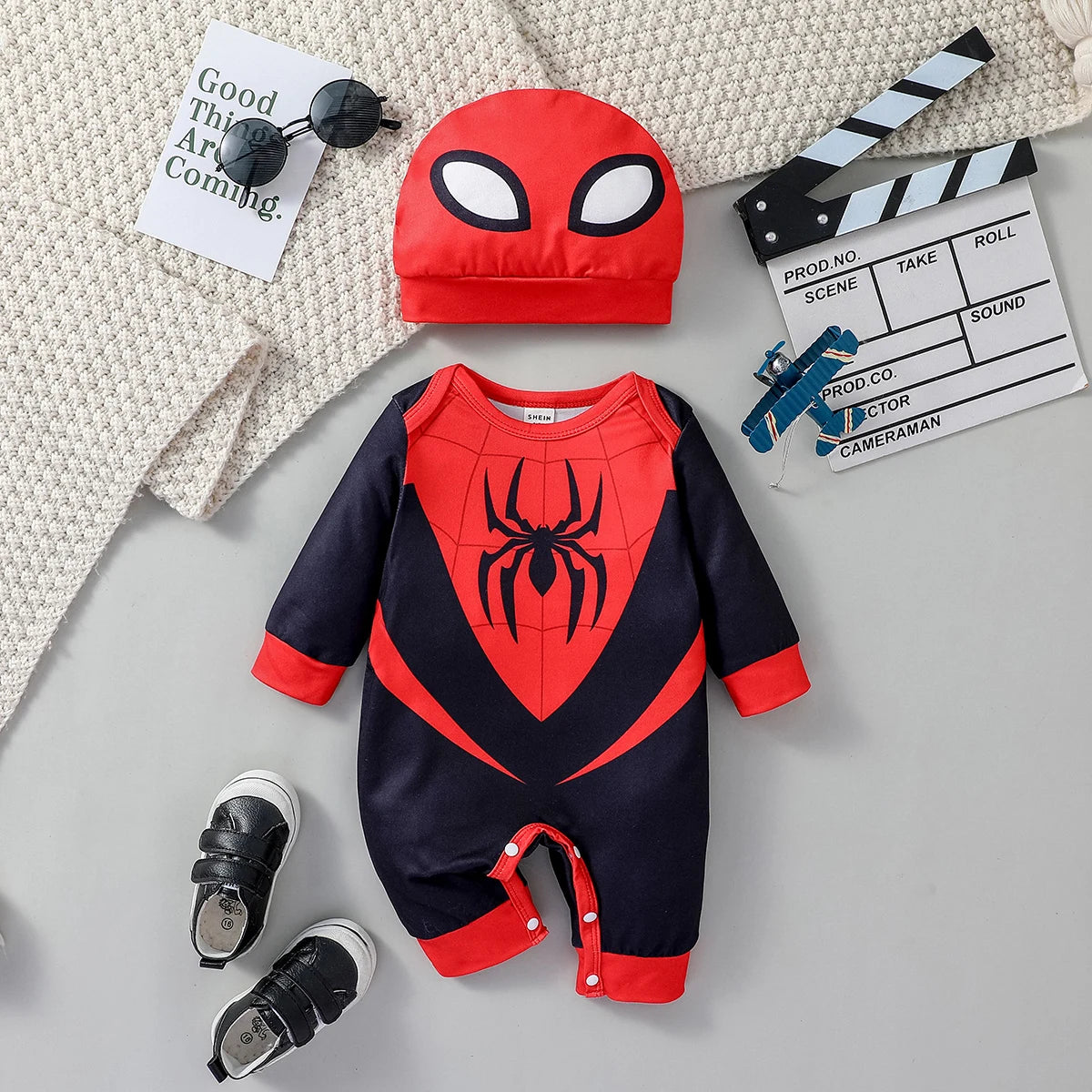 New Style Boys For Newborn 0-6M Cartoon Spider Long Sleeve Cool Fashion Jumpsuit All Seasons +Hat