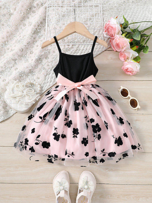 Girls Spring Summer Fashion Knitted Sling Flower Flocking Mesh Casual Dress Princess Dress Party Holiday Casual Vacation Gift