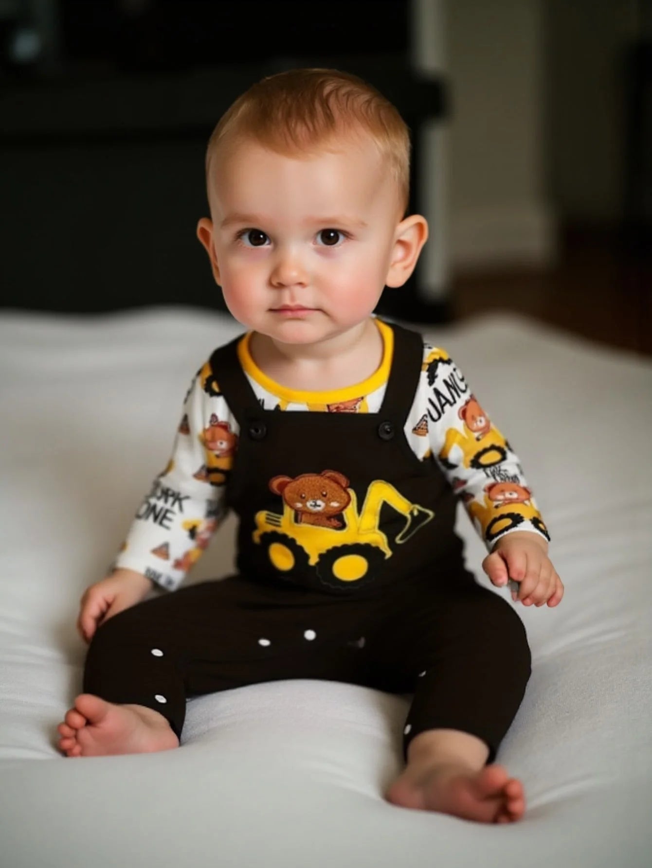 Construction Bear Print Top & Overalls Set | Spring Baby Boy Outfit with Snap Buttons 2-Piece