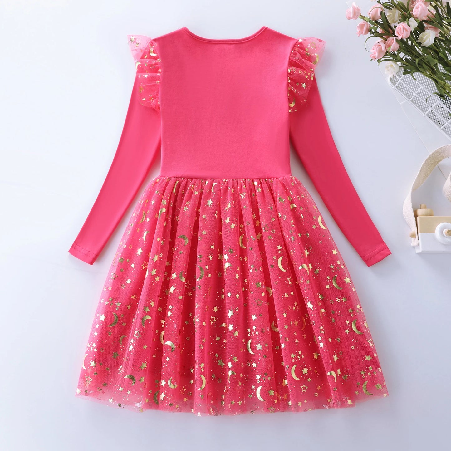 Girls' Autumn New Cotton Embroidered Cartoon Unicorn Mesh Dress