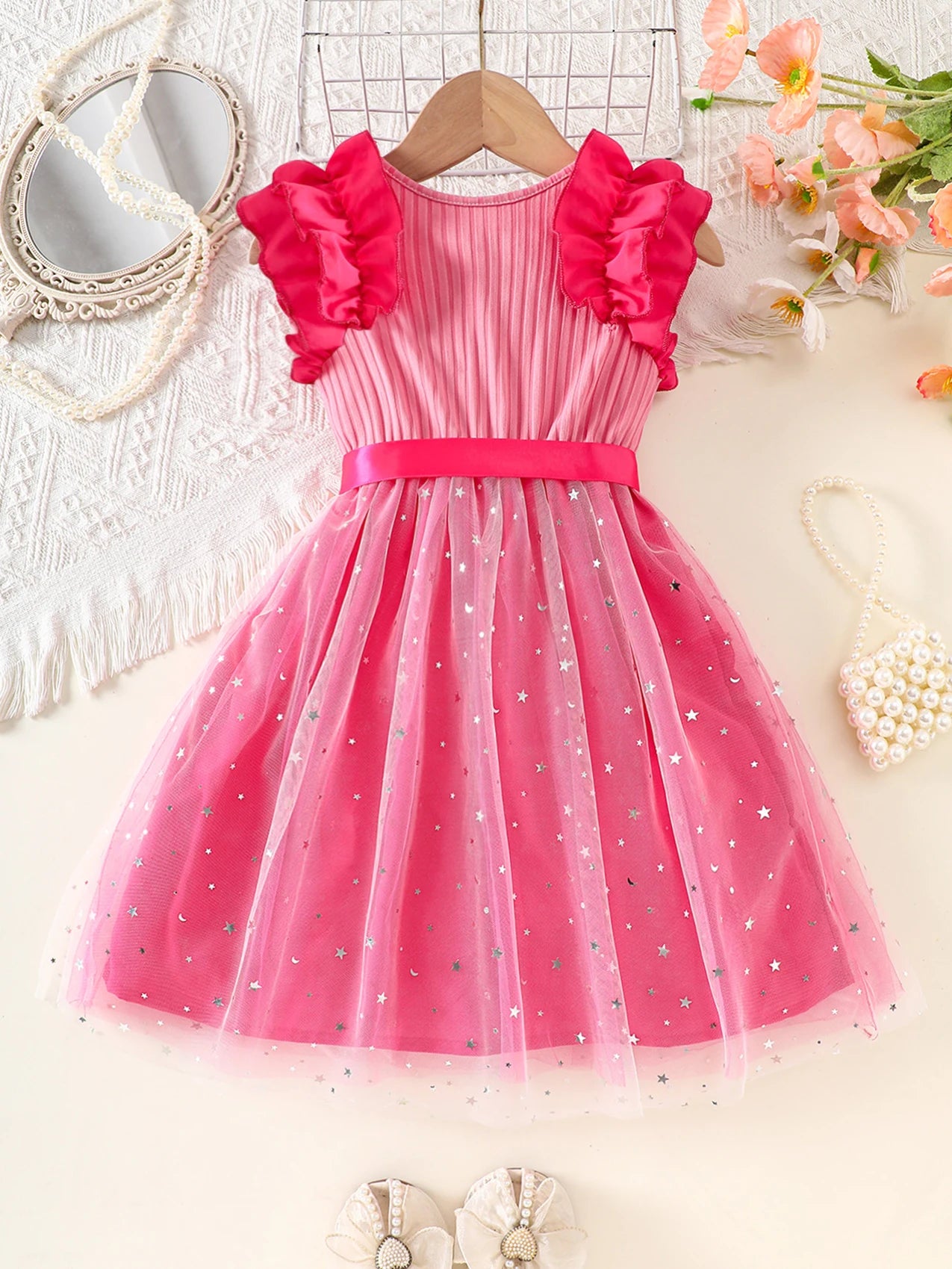 Girls' Spring and Summer Casual Knit Round Neck Ribbed Flutter Sleeve Sequin Mesh Dress Beach Party Gathering Gift