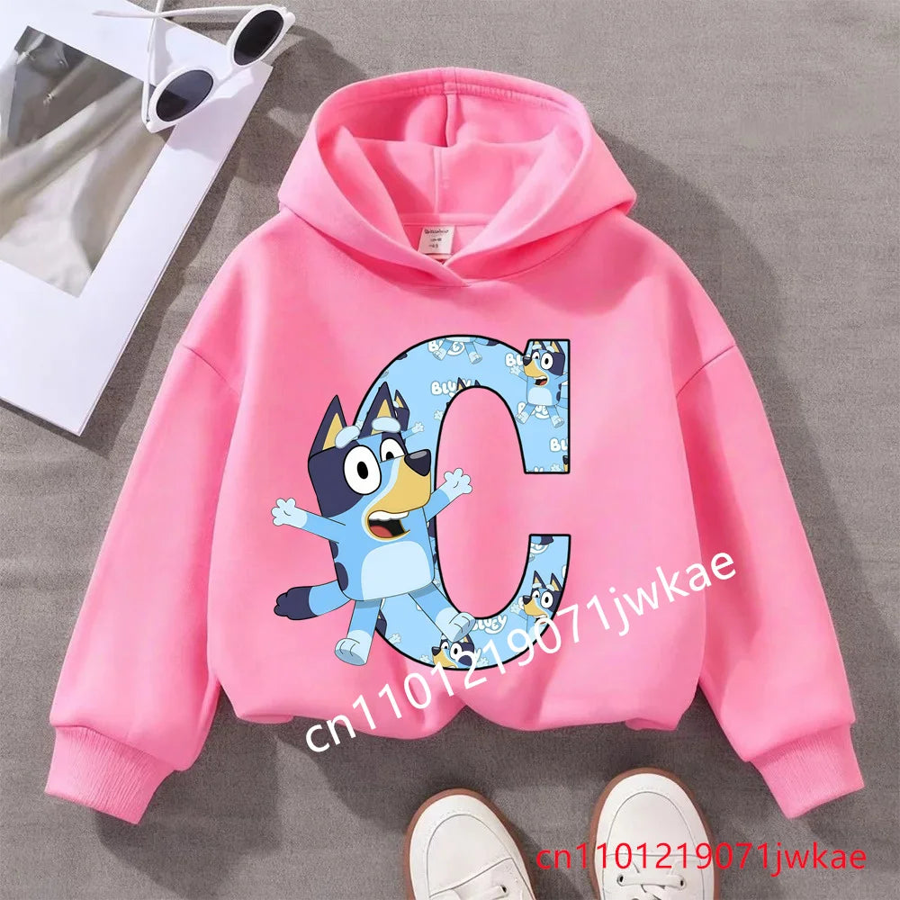 Kids Bluey Letter ABCD Pattern Printing Hooded Sweatshirt Fall Winter Warm Soft Pullover Comfortable Playwear for Boys Girls
