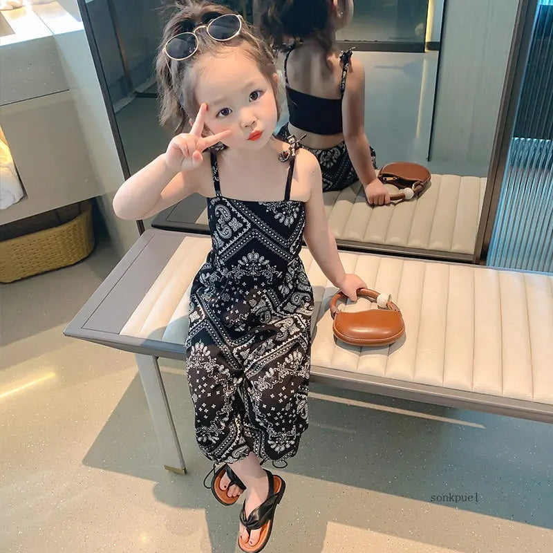 Summer Suit Thin Girls Suit Suspender Mosquito-proof Pants Two Pieces of Cute Girl Children's Clothes