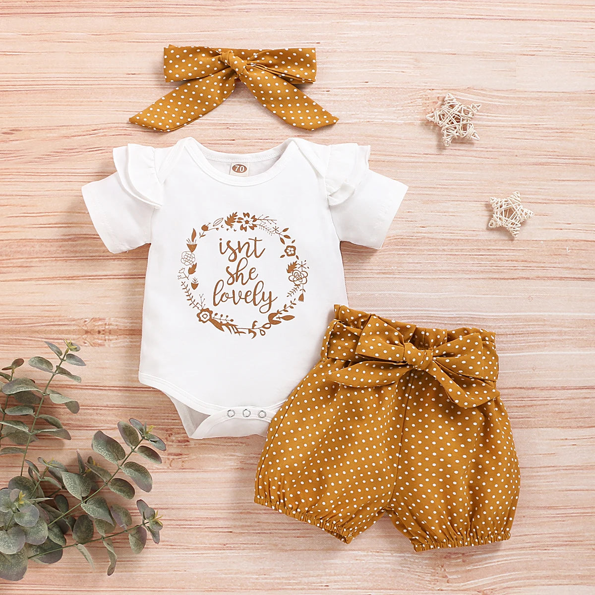 Month Newborn Baby Girls Clothes Romper Dot Pant with Elastic Waistband Infant Headband with Bowknot 3Pcs Casual Set