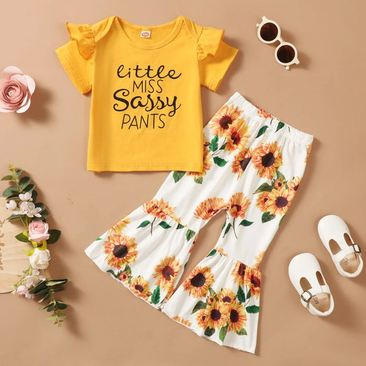 Fashion Clothes Set Toddler Girl Short Sleeve Top+Sunflower Flare Pants Summer Clothing Outfits for Kids Girl 1-5Years