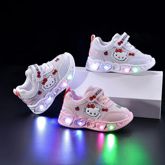 Kids'Casual Shoes Girls Led Light Cartoon PU Leather Fashion Sport Flat Bottom Shoes Breathable White Pink Size 21-30
