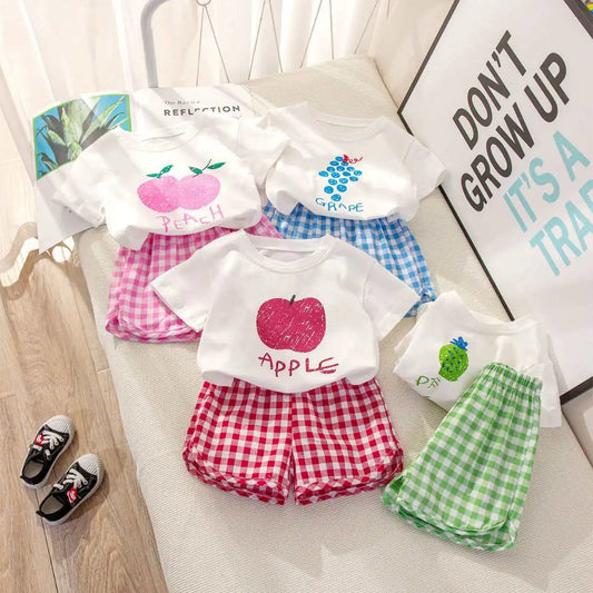 Children's Sets 2-piece Short-sleeved Round Neck Top+plaid Shorts Fruit Lemon Grape Cartoon Design Outer Wear Casual Summer