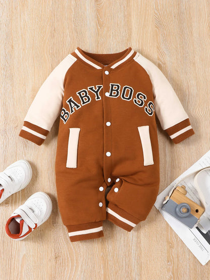 Fashionable letter printed long sleeved round neck cute and personalized baby boy jumpsuit