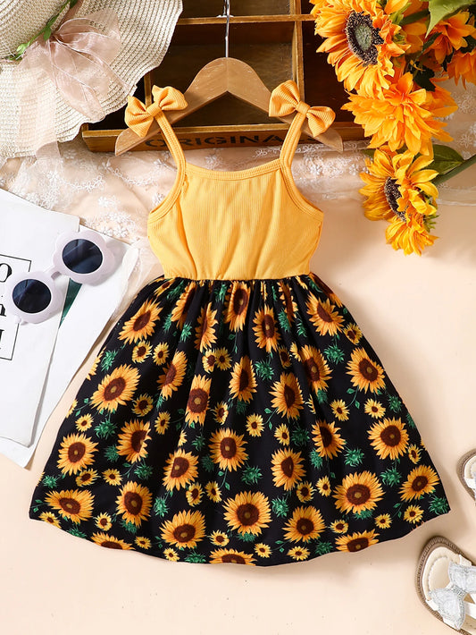 Girls' Spring and Summer Casual Fashion Knitted Suspender Dress with Bow and Sunflower Flowers