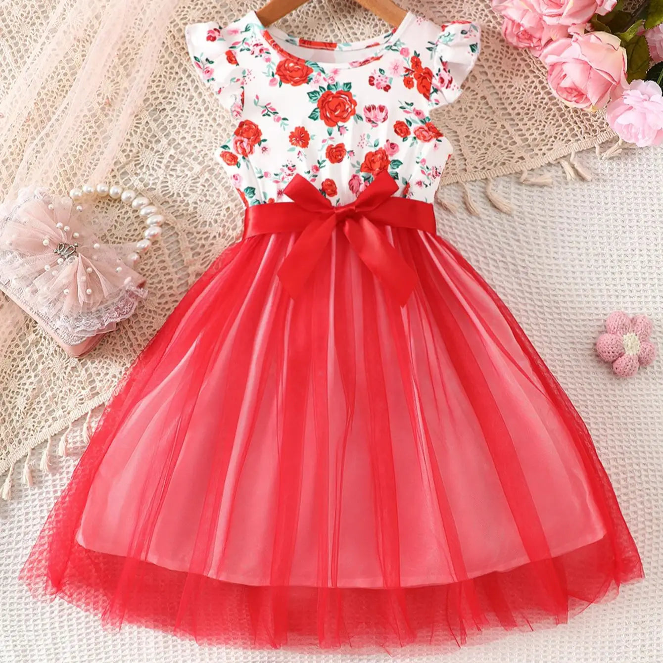 Girls' Spring and Summer Casual Fashion Knitted Round Neck Sleeveless Flutter Sleeve Ruffle Floral Print Mesh Dress Beach Vacation Party Gift