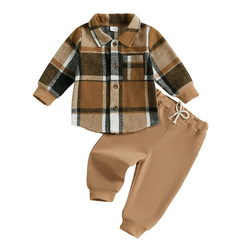 Baby Boy Autumn Clothes Outfits Plaid Print Long Sleeve Shirt and Elastic Band Pants 2 Piece Sets for Toddler
