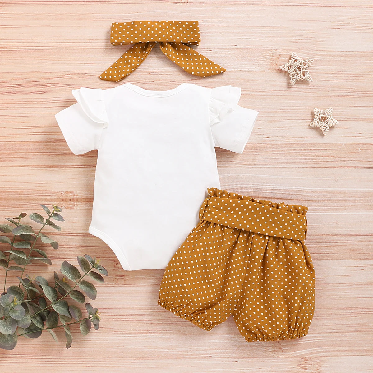 Month Newborn Baby Girls Clothes Romper Dot Pant with Elastic Waistband Infant Headband with Bowknot 3Pcs Casual Set