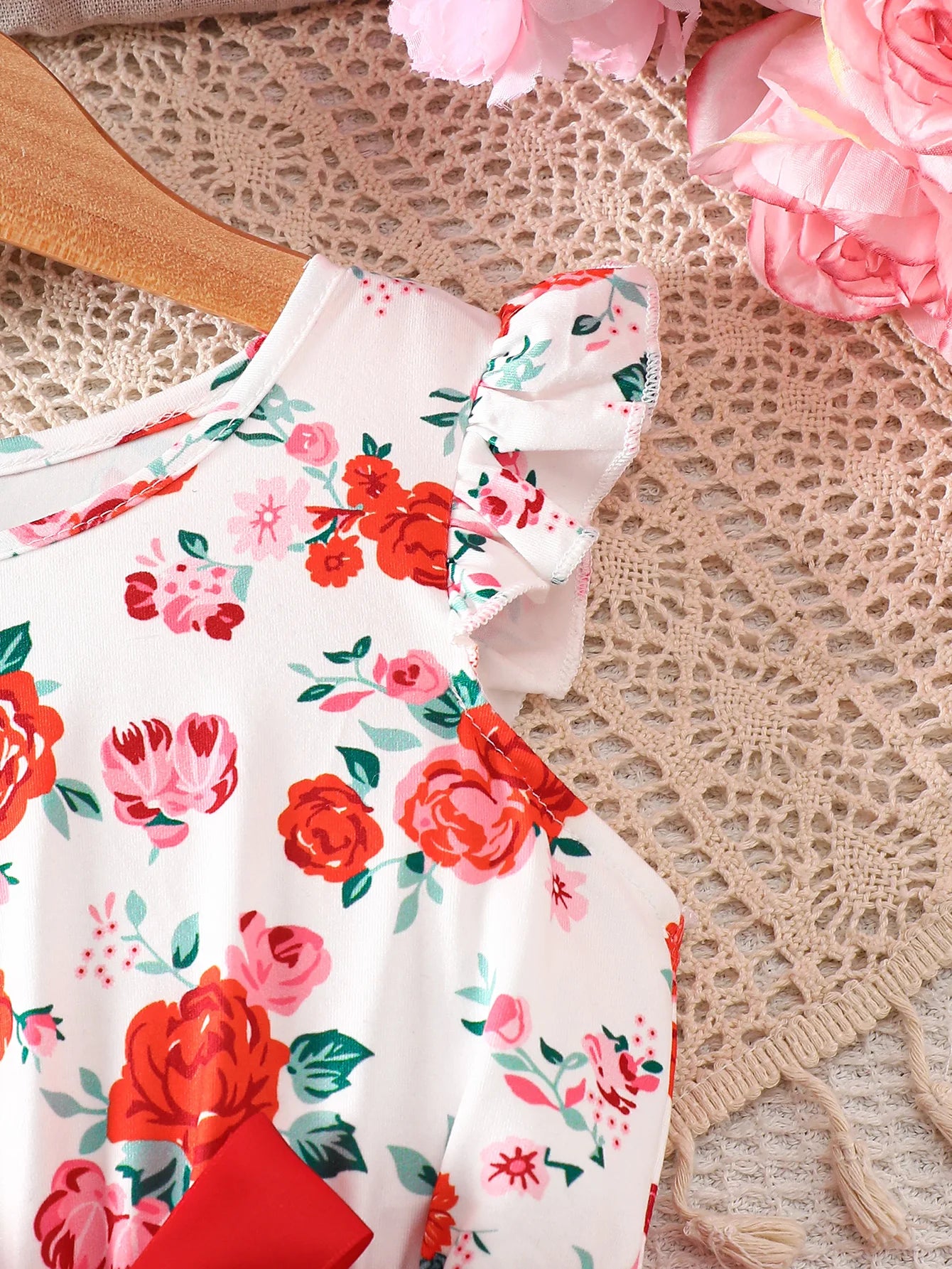 Girls' Spring and Summer Casual Fashion Knitted Round Neck Sleeveless Flutter Sleeve Ruffle Floral Print Mesh Dress Beach Vacation Party Gift