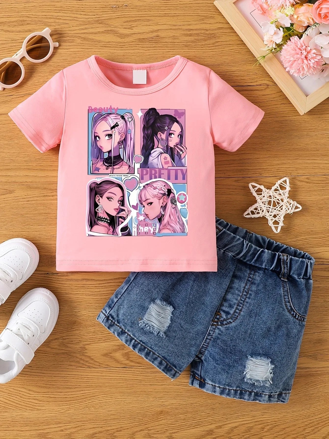 Aby Boys and Girls Summer Hot Painted Round Neck Short-sleeved Top Girls Just T-shirts. Shorts not included