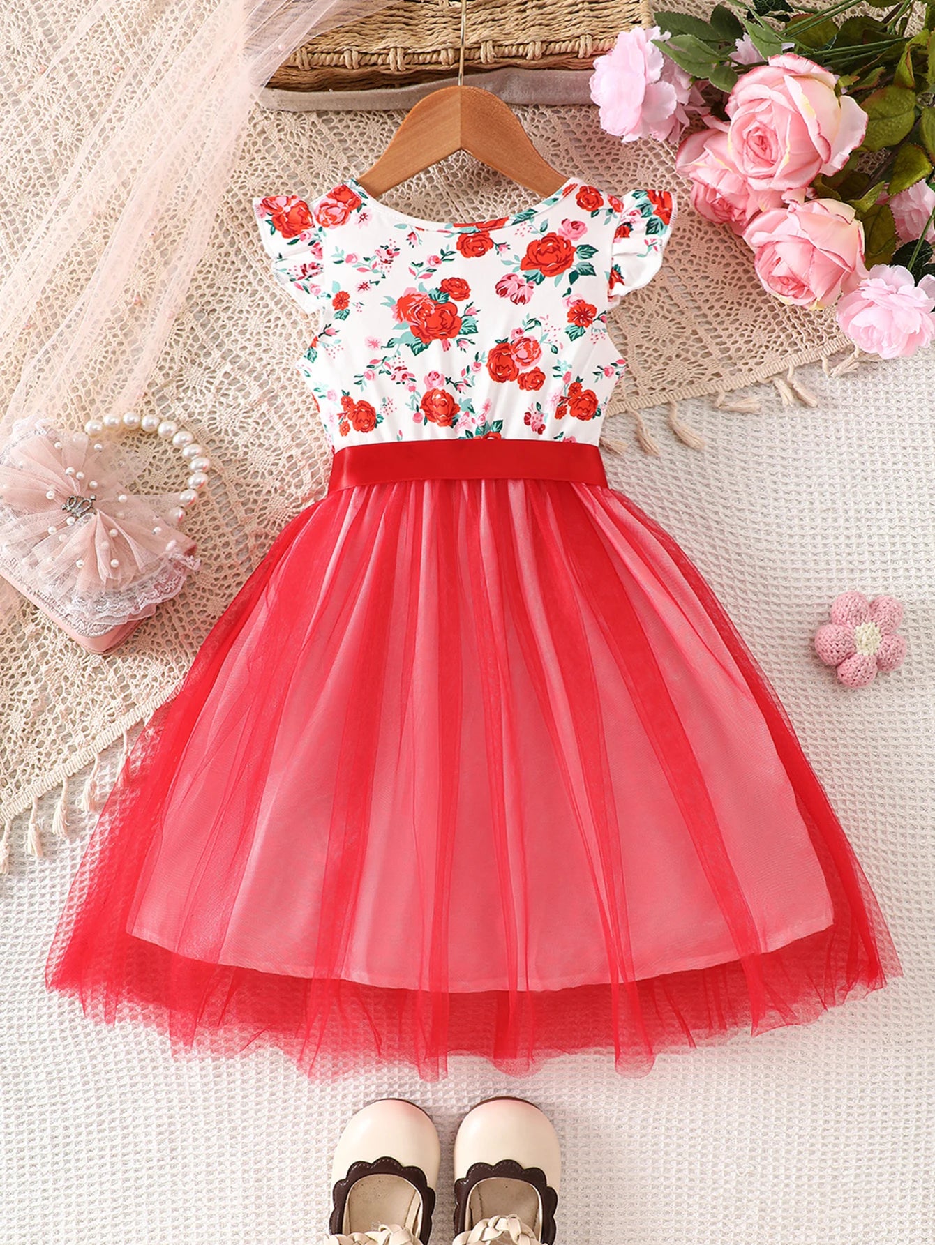 Girls' Spring and Summer Casual Fashion Knitted Round Neck Sleeveless Flutter Sleeve Ruffle Floral Print Mesh Dress Beach Vacation Party Gift