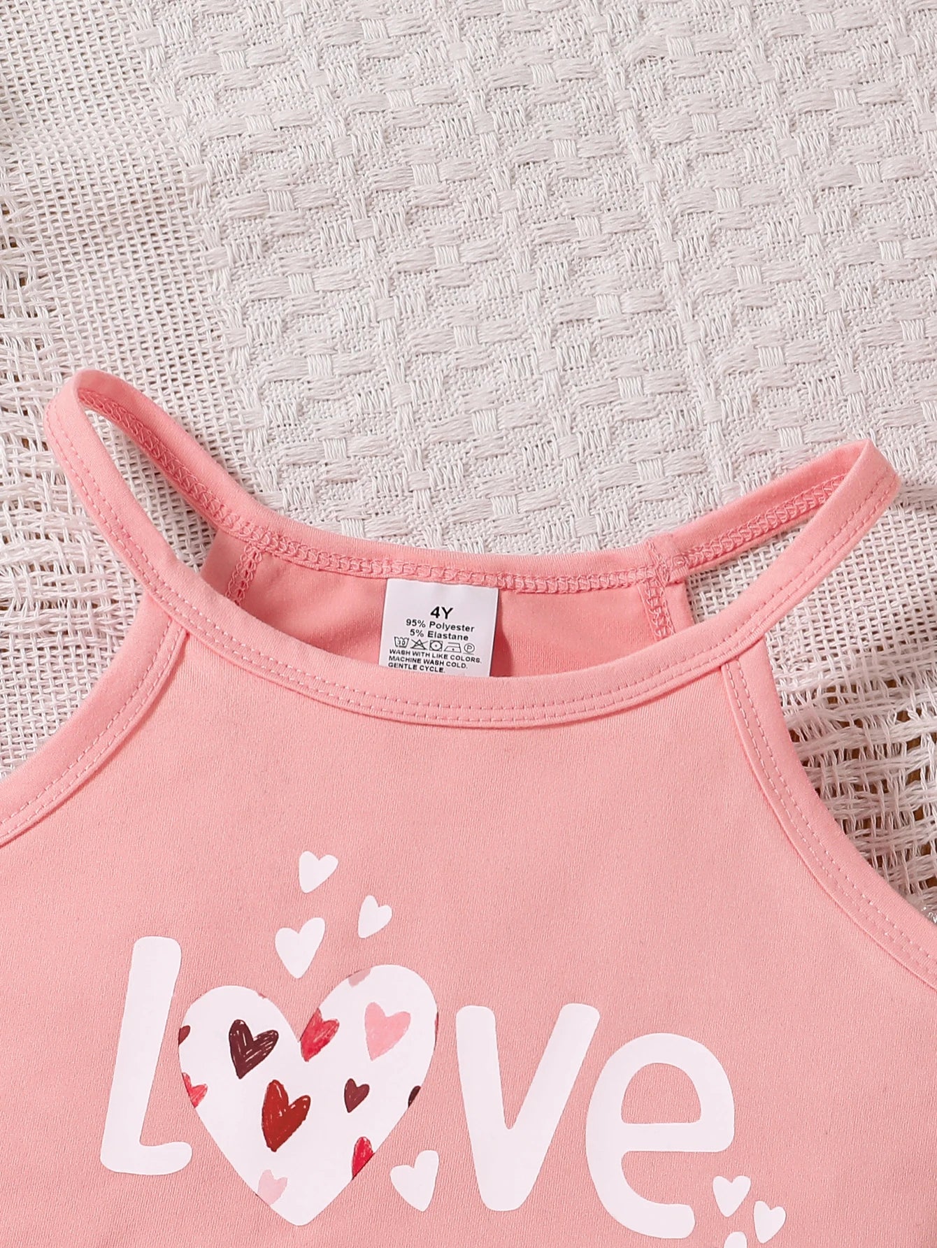 2-Piece Set: European and American Style Cute Children's Camisole with Heart Pattern T-Shirt + Heart Print Skirt, Summer Thin Style, Fashionable and Playful Elegant Ladylike Tank Top Paired with Short Skirt, Stylish Outfit fo