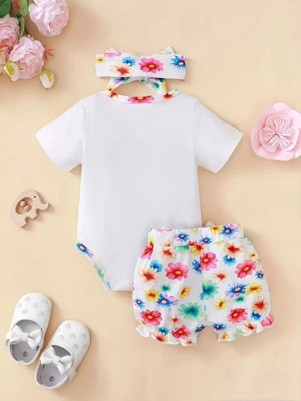 Newborn Baby 3-Piece Outfit Set: Watercolor Elephant Bodysuit + Floral Shorts + Bow Headband  - Cute Spring/Summer Clothes