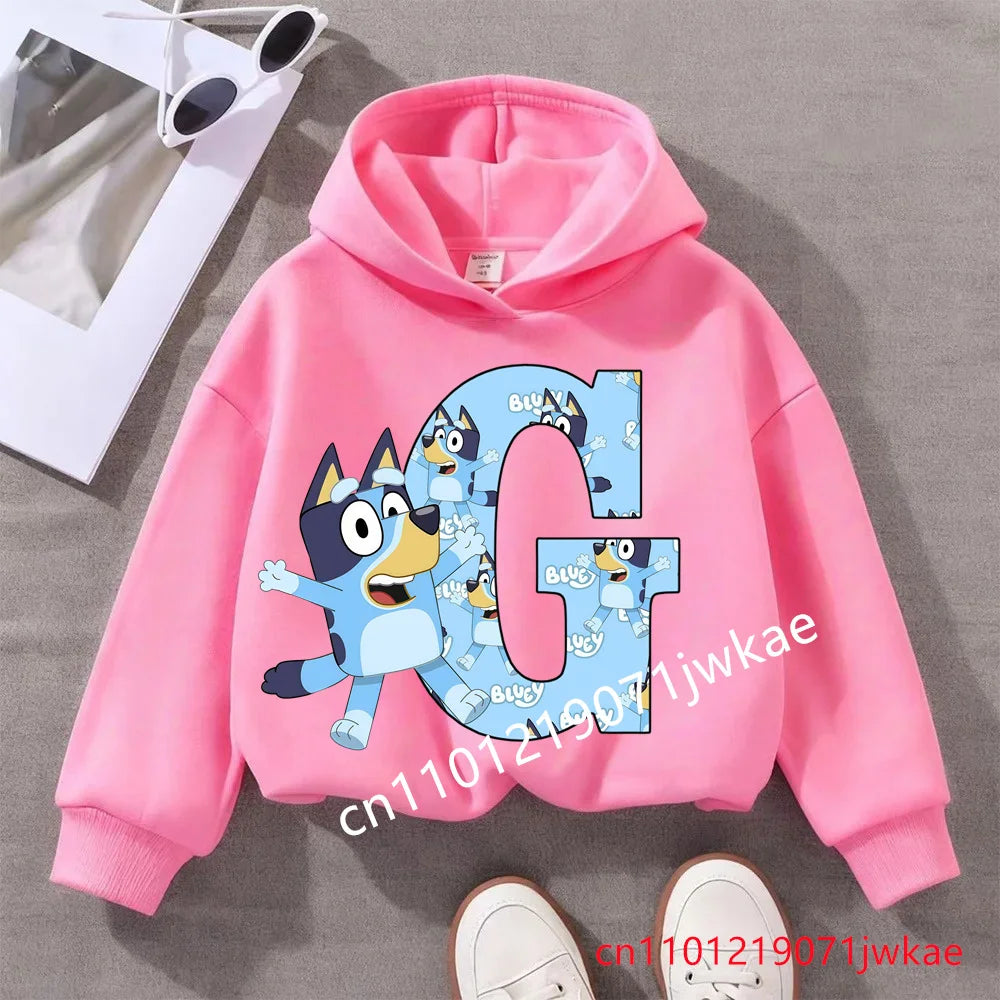 Kids Bluey Letter ABCD Pattern Printing Hooded Sweatshirt Fall Winter Warm Soft Pullover Comfortable Playwear for Boys Girls