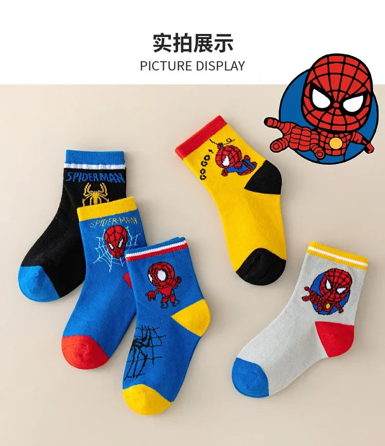 MARVEL Spiderman 5 Pairs Children's Socks Kawaii Soft Anime Socks Kids Boys Socks MiddleTube Cartoon Baby Socks 1-12 Y