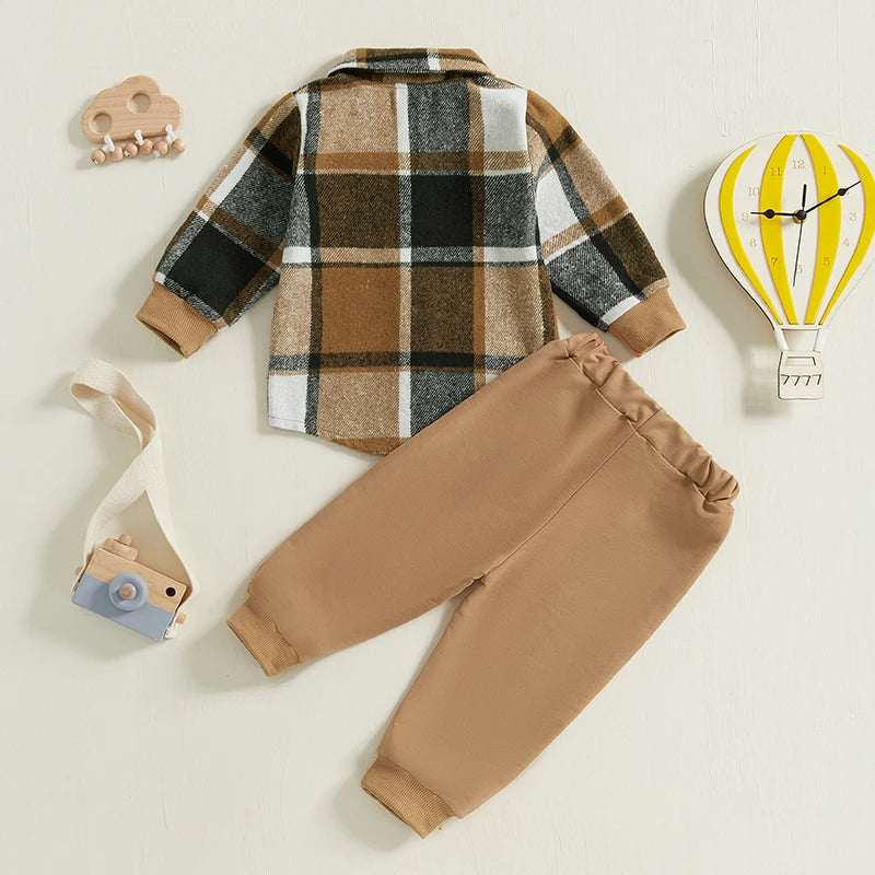 Baby Boy Autumn Clothes Outfits Plaid Print Long Sleeve Shirt and Elastic Band Pants 2 Piece Sets for Toddler