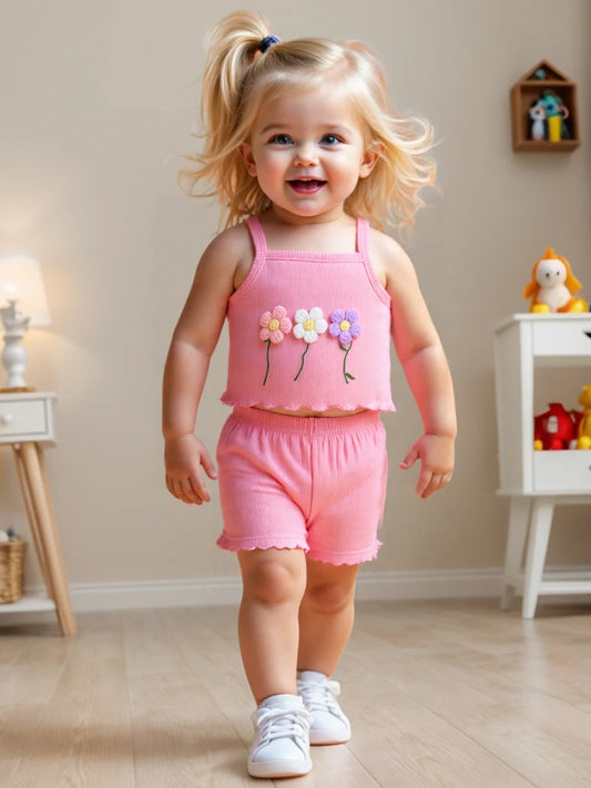 Toddler Girls' 2-Piece Set Pink Ribbed Camisole & Shorts Flower Embellish 1-4Y