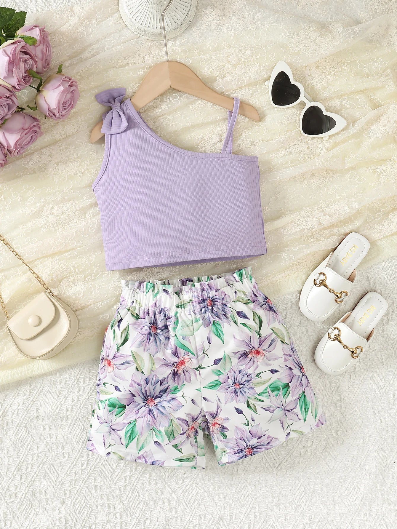 Summer Kids Girl Clothes Set Suspenders Bow Top+Flower Shorts Fashion Sense Design Party Costume For Child Girls 1-8 Years